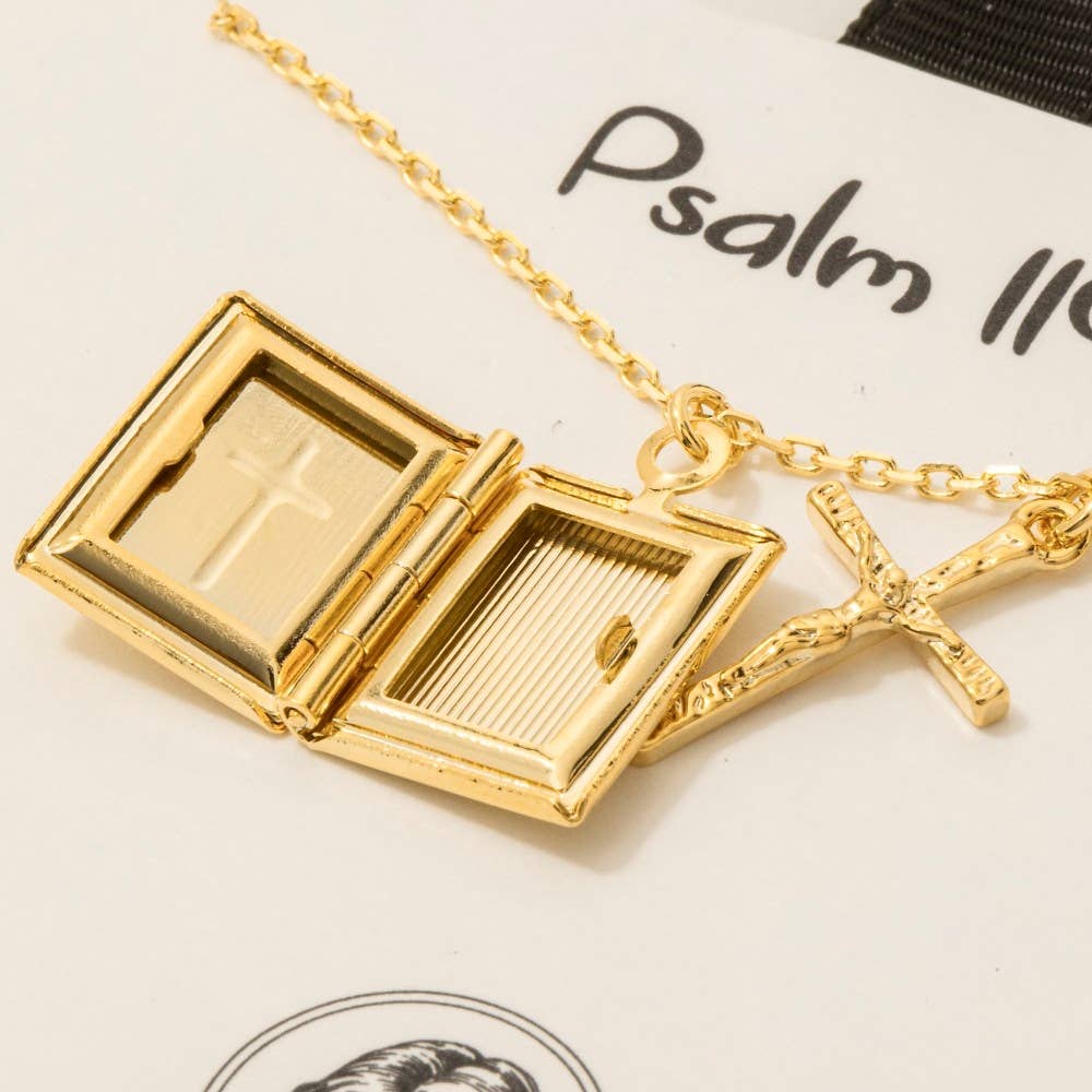 Crucifix And Bible Locket Pendant Necklace