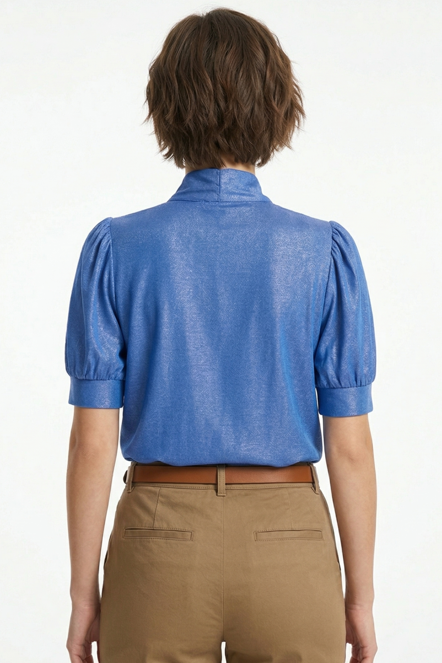 Tie-Neck Puff Sleeve Denim Blouse