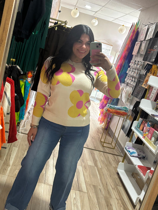 Round Neck Fashionable Floral Sweater