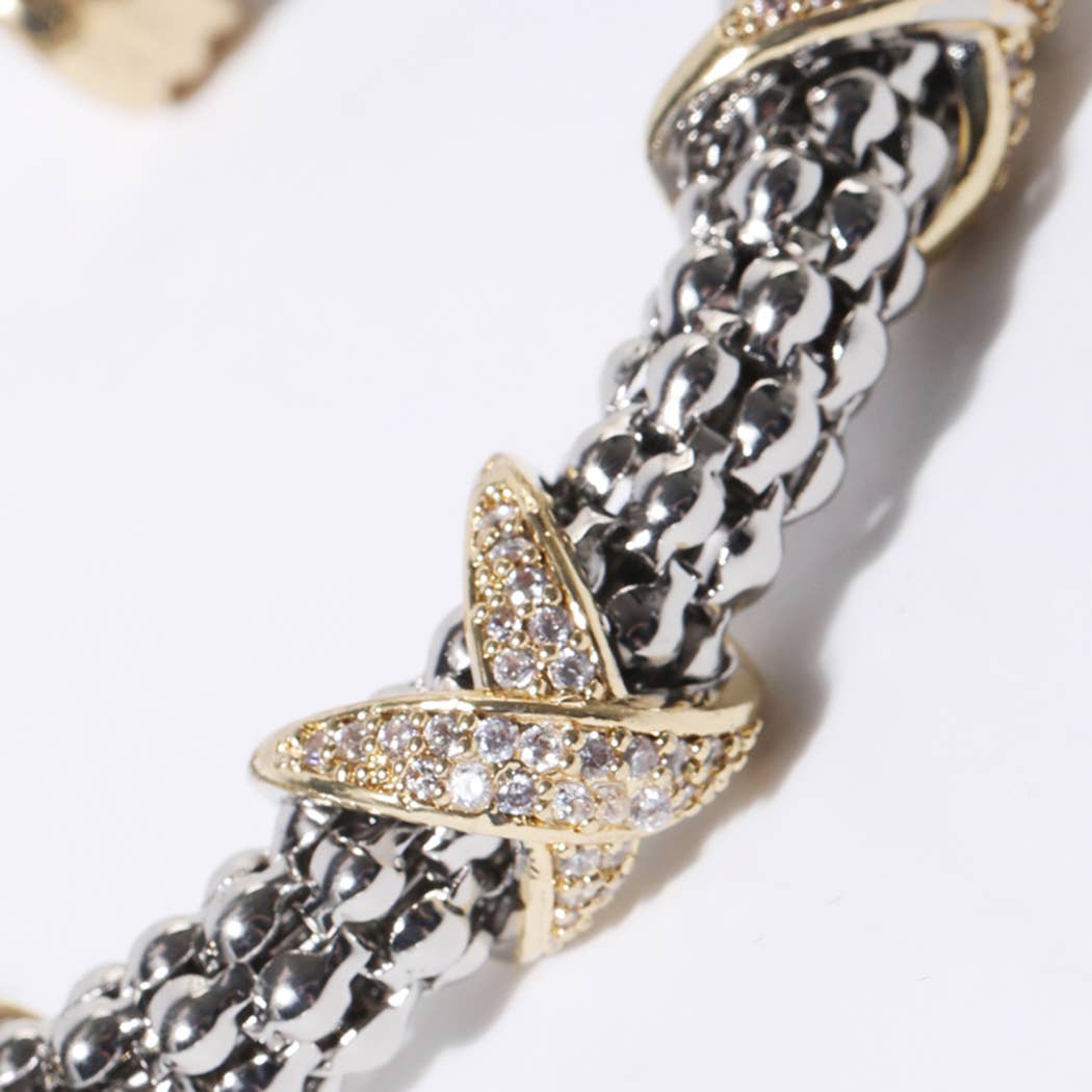3 CZ Pave With X Accents Textured Cuff Bracelet