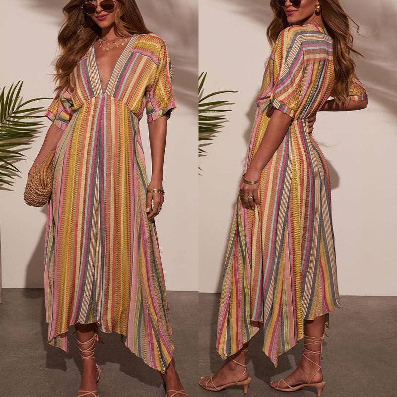 Summer Casual Resort-Style V-Neck Striped Dress: Picture color