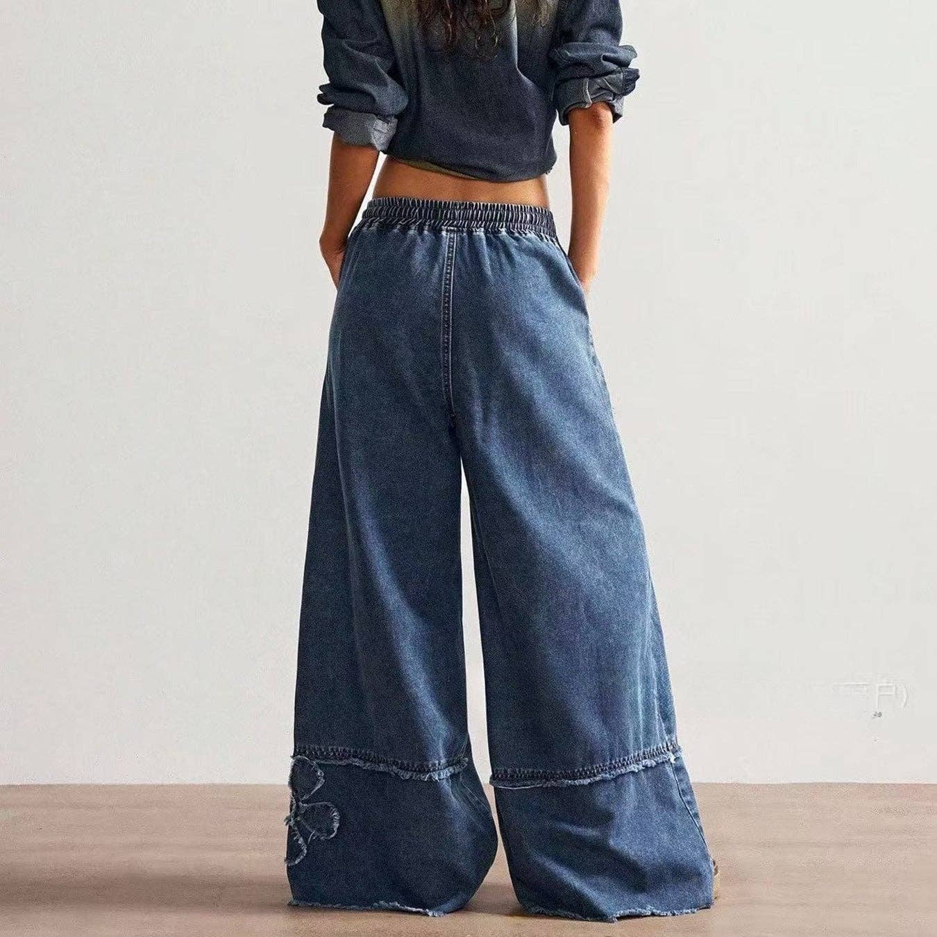Vintage Boho Floral Patch Wide Leg Denim Pants: Vintage blue / M