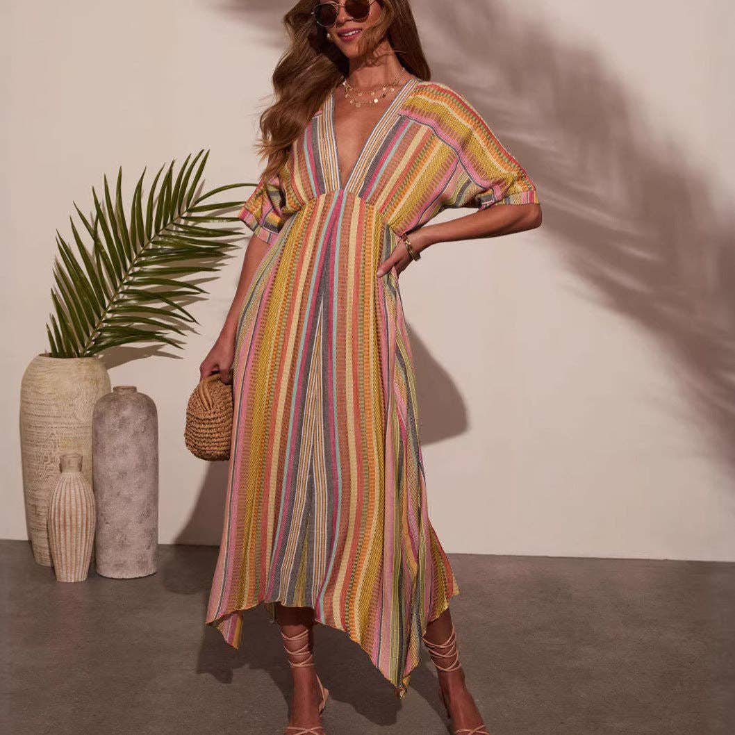 Summer Casual Resort-Style V-Neck Striped Dress: Picture color