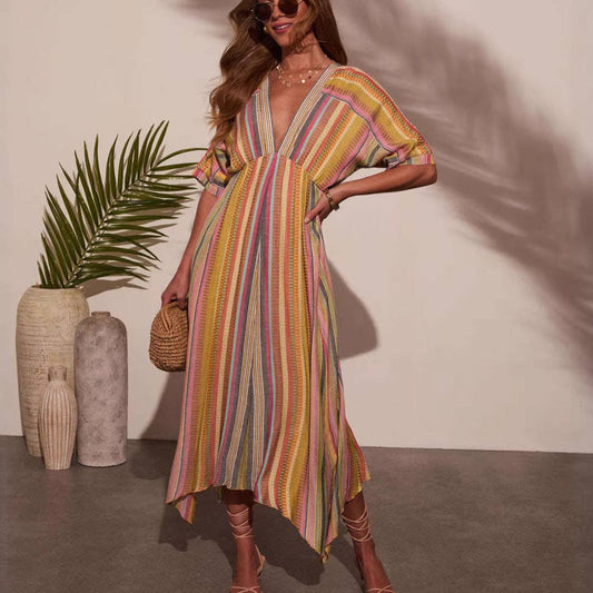 Summer Casual Resort-Style V-Neck Striped Dress: Picture color