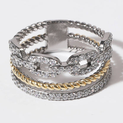 CZ Textured Triple Row Two-Tone Gold Plated Ring