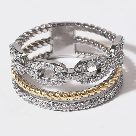 CZ Textured Triple Row Two-Tone Gold Plated Ring