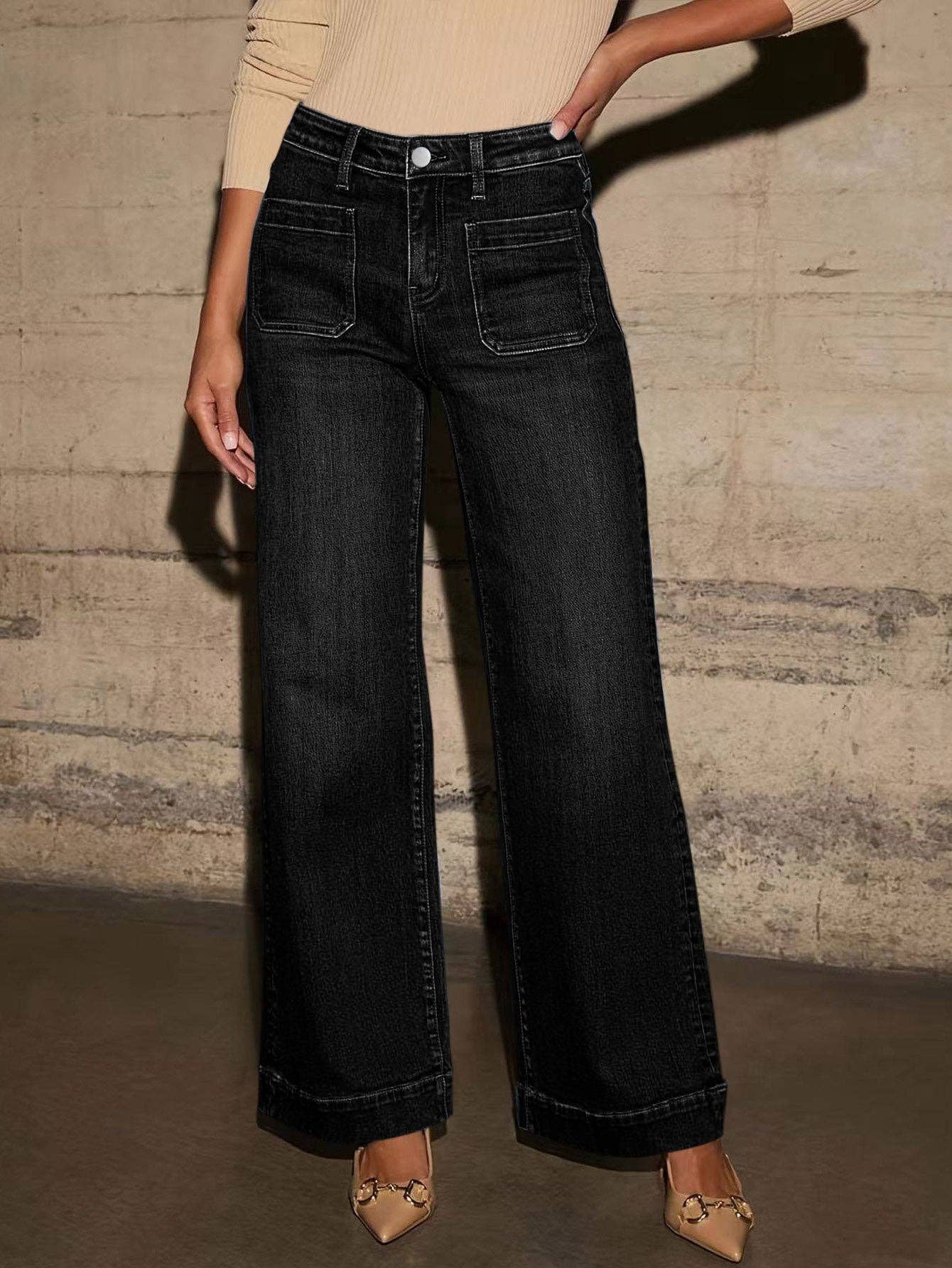 Women's Vintage High Rise Straight Leg Wide Leg Denim Pants: Light blue