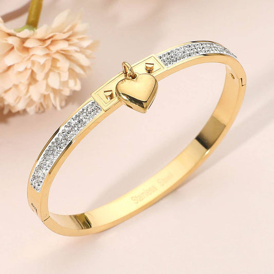 Heart Stone Paved Hinged Bangle Bracelet