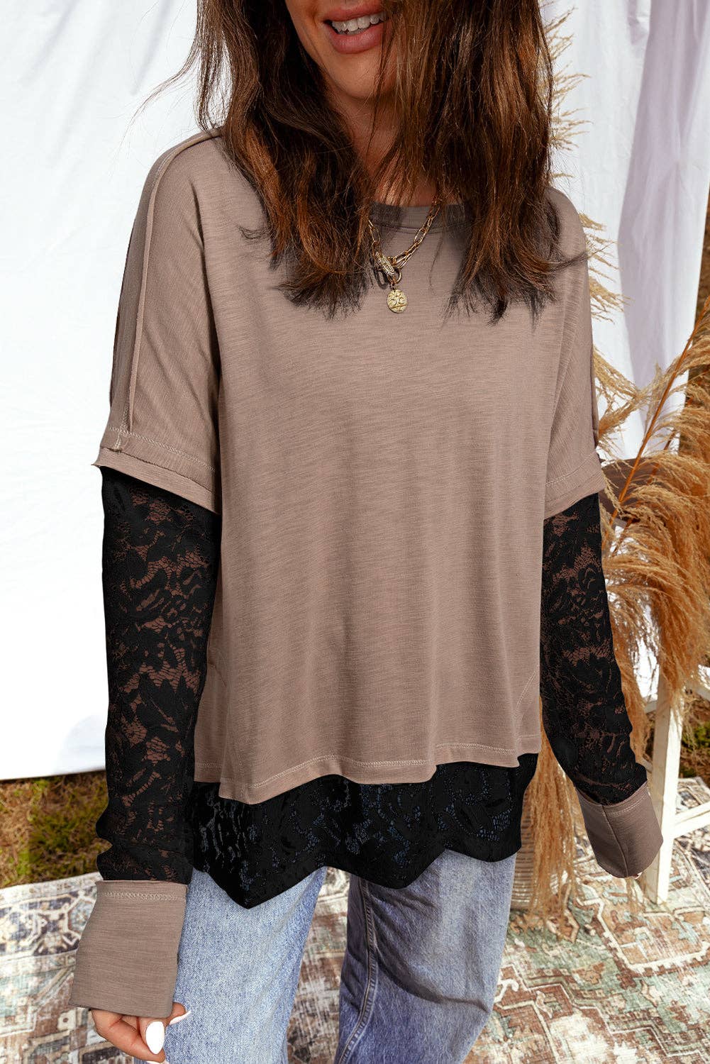 FB Lace Patchwork Long Sleeve Top
