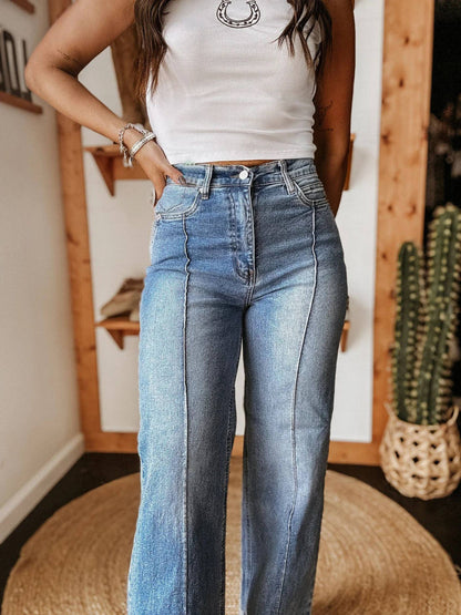 Casual Stretch Mid Waist Straight Leg Jeans