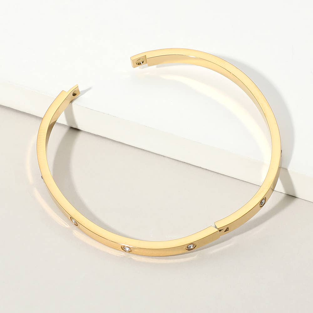 Stainless Steel Stone Paved Hinged Bangle Bracelet