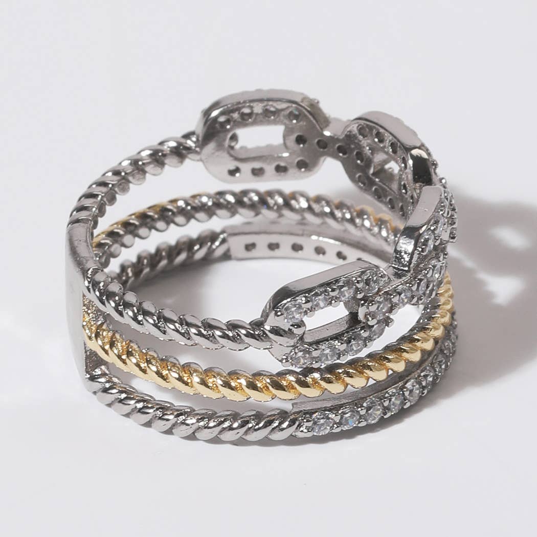 CZ Textured Triple Row Two-Tone Gold Plated Ring