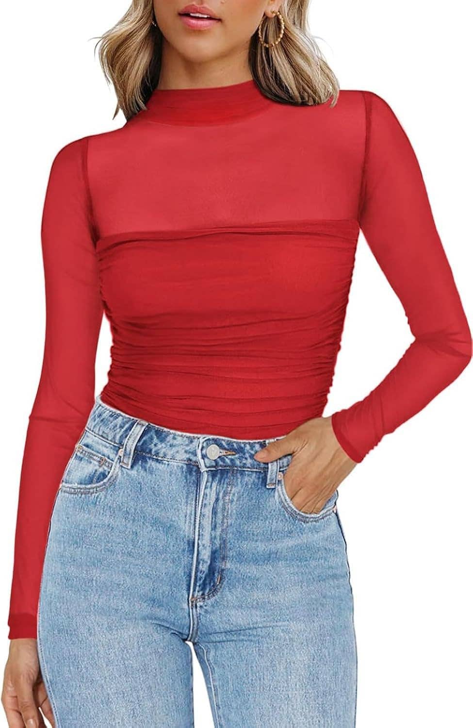 Mesh Sheer Half-Neck Plain Sexy Top