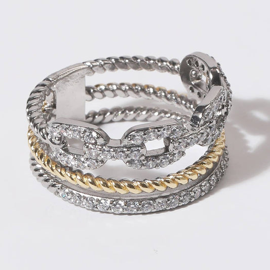 CZ Textured Triple Row Two-Tone Gold Plated Ring