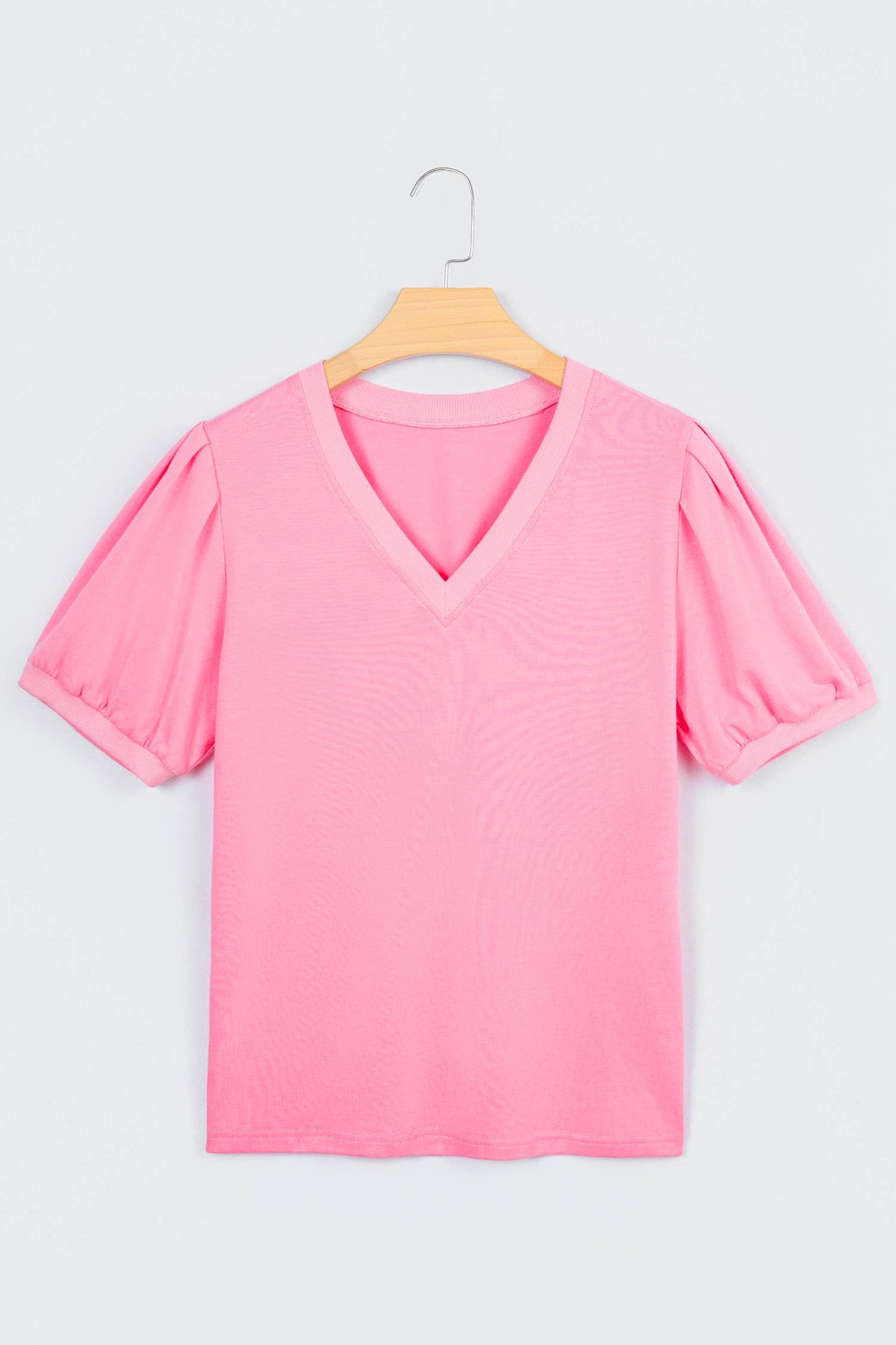 Solid Color V Neck Short Puff Sleeve Blouse | S-4X