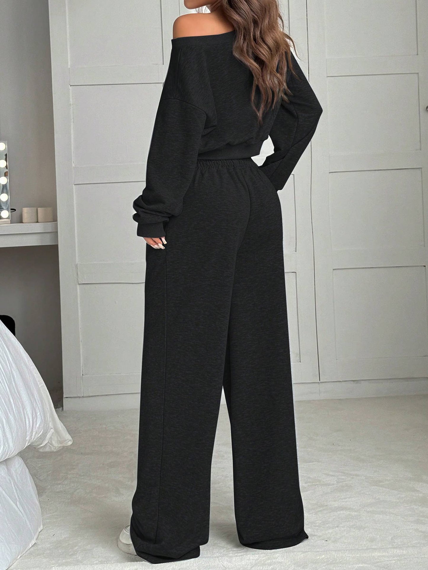 Off Shoulder Knitted Short Sleeved Long Pants Set