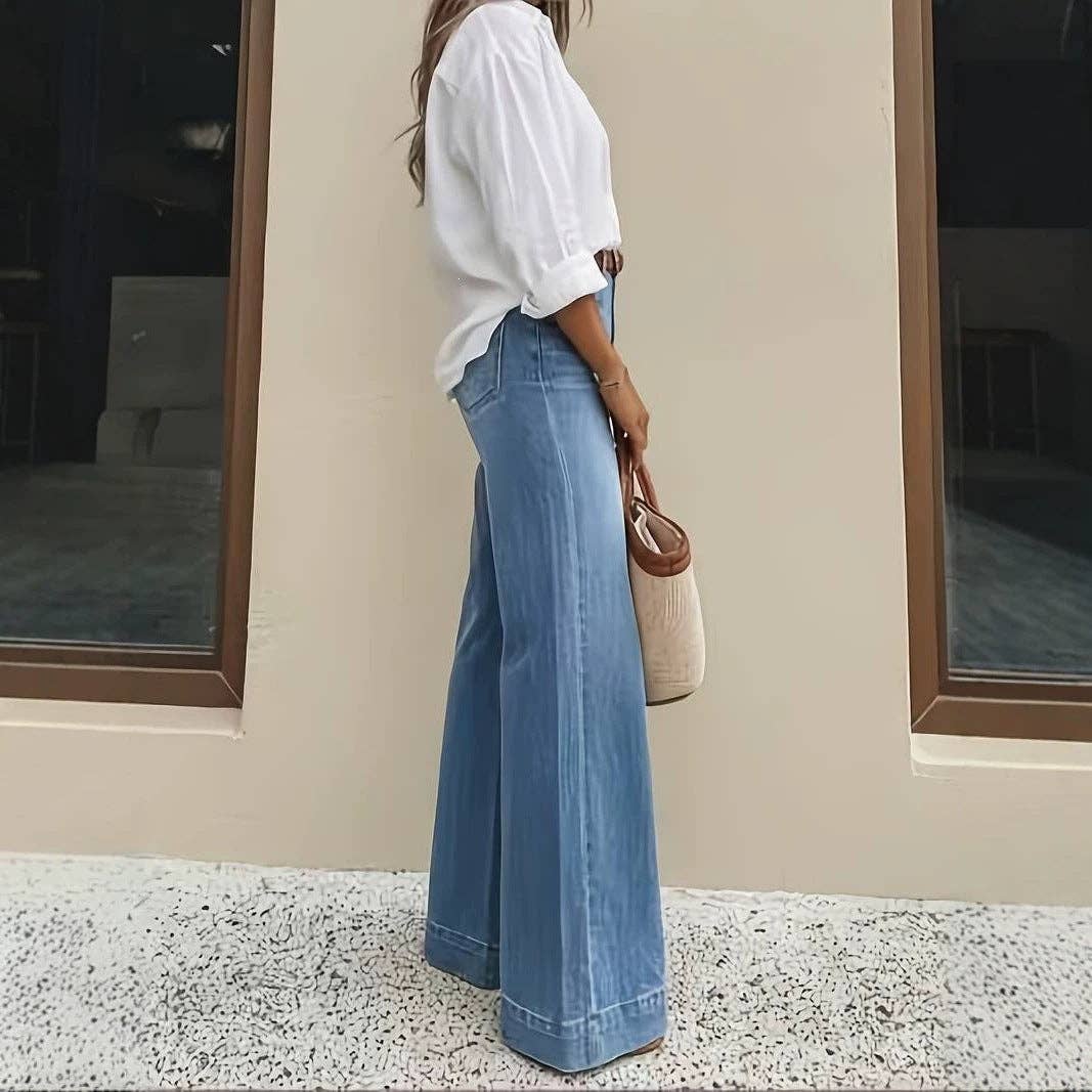 Vintage Washed High Rise Wide Leg Denim Jeans: Blue / M