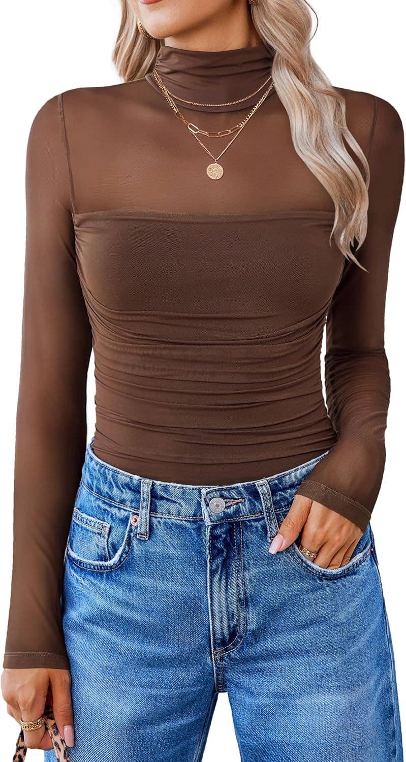 Mesh Sheer Half-Neck Plain Sexy Top