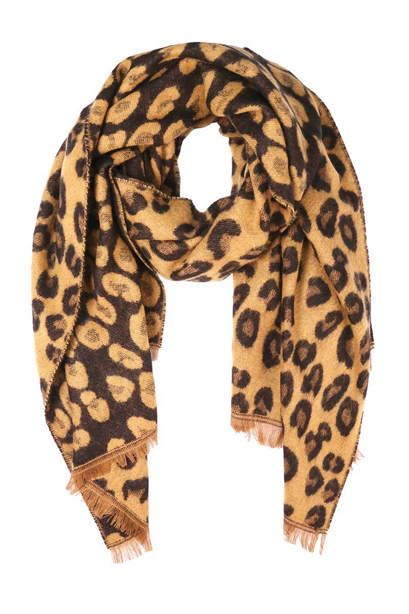 Leopard Pattern Reversible Cozy Scarf with Fringe