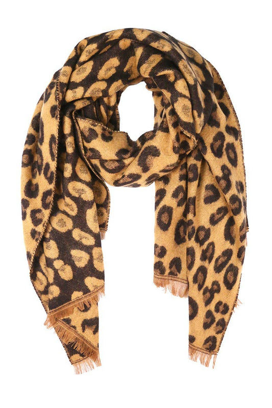 Leopard Pattern Reversible Cozy Scarf with Fringe