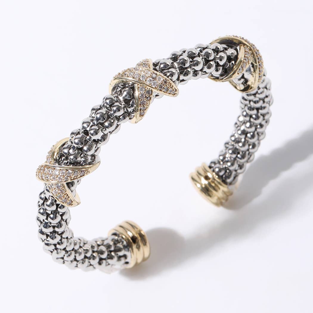 3 CZ Pave With X Accents Textured Cuff Bracelet