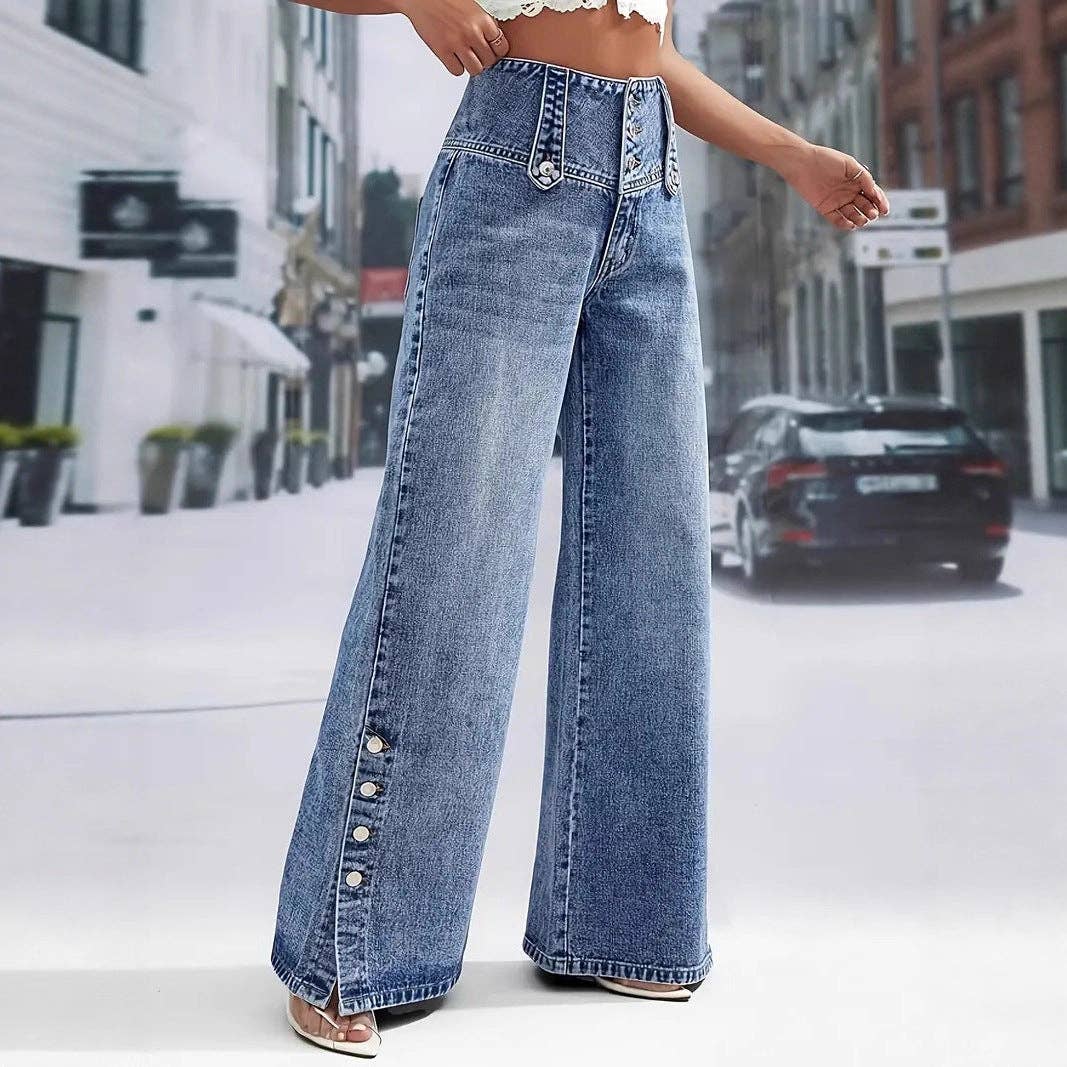 Women's High Wide Leg Jeans with Decorative Side Buttons: Blue / L