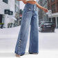 Women's High Wide Leg Jeans with Decorative Side Buttons: Blue / M