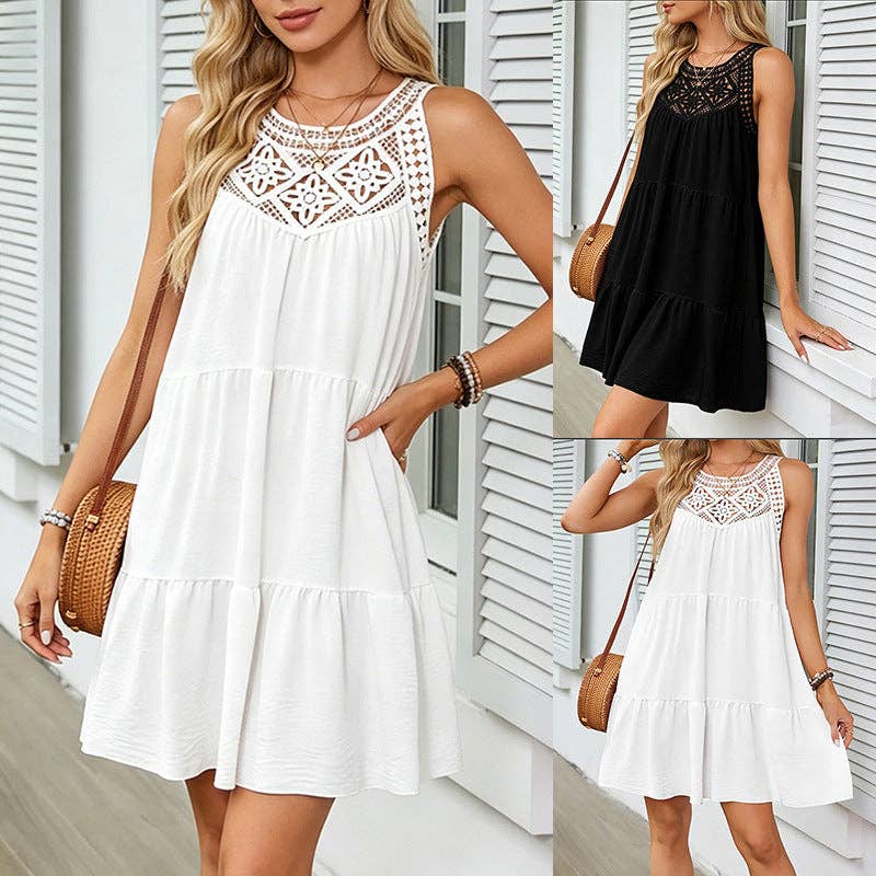 Women's Crochet Lace A-Line Ruffle Hem Summer Dress: 108182 black / One size fits all