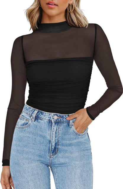 Mesh Sheer Half-Neck Plain Sexy Top