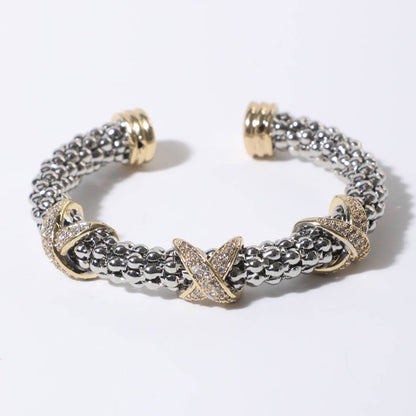 3 CZ Pave With X Accents Textured Cuff Bracelet