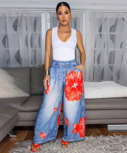 Printed Wide Leg Casual Pants