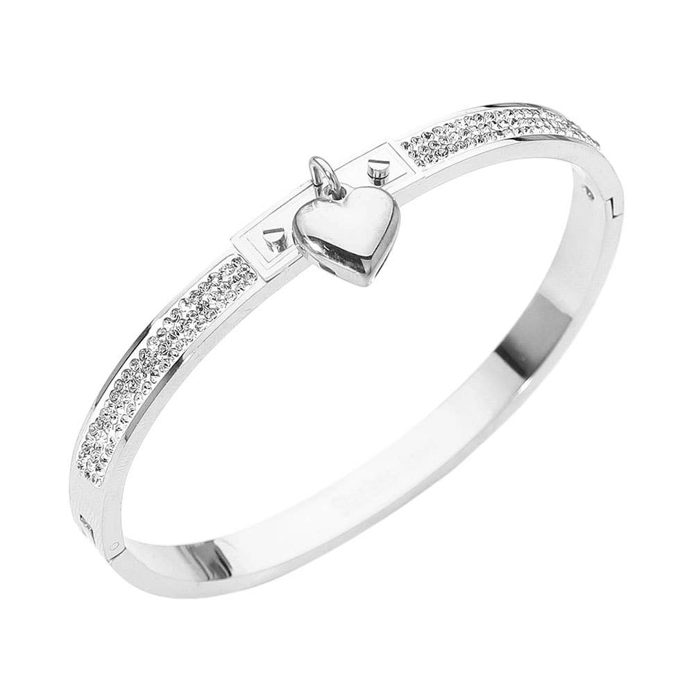 Heart Stone Paved Hinged Bangle Bracelet