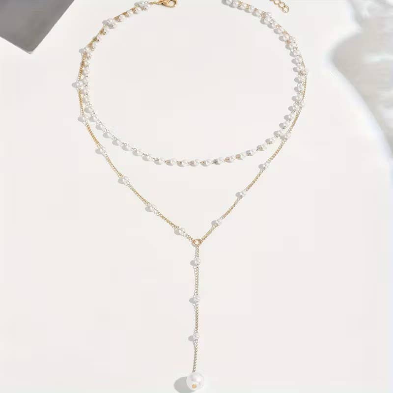 Layered Pearl Necklace Women Gold Y Lariat Choker Dainty