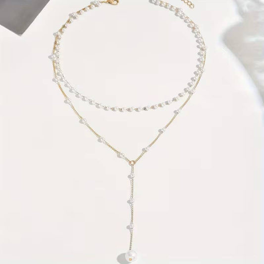 Layered Pearl Necklace Women Gold Y Lariat Choker Dainty