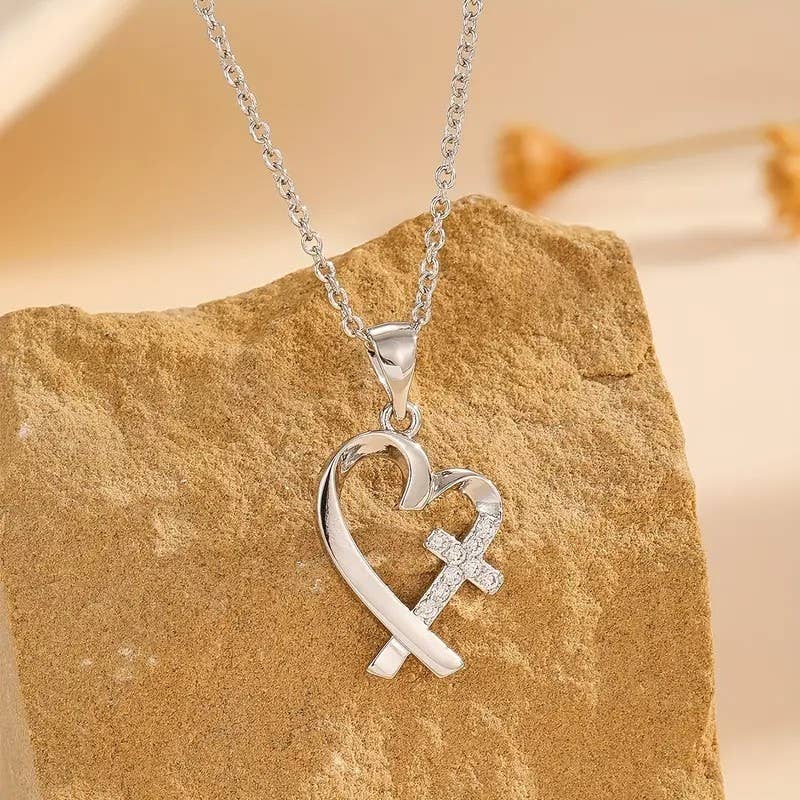 Heart Cross Pendant Necklace Christian Jewelry Gift Women