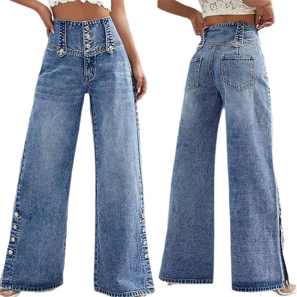 Women's High Wide Leg Jeans with Decorative Side Buttons: Blue / L