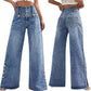 Women's High Wide Leg Jeans with Decorative Side Buttons: Blue / L