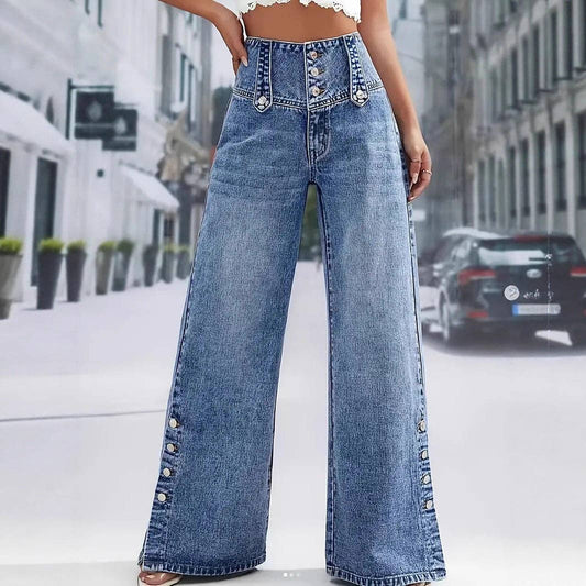 Women's High Wide Leg Jeans with Decorative Side Buttons: Blue / M