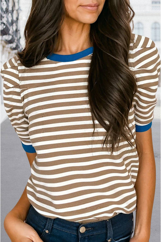 Stripe Short Puff Sleeve Contrast Trim Round Neck Tee