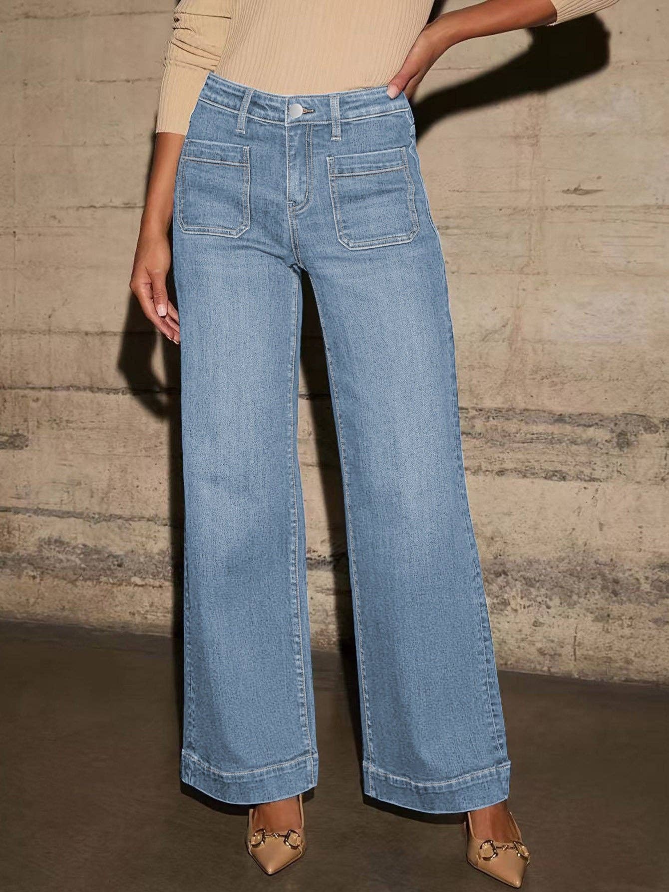Women's Vintage High Rise Straight Leg Wide Leg Denim Pants: Light blue