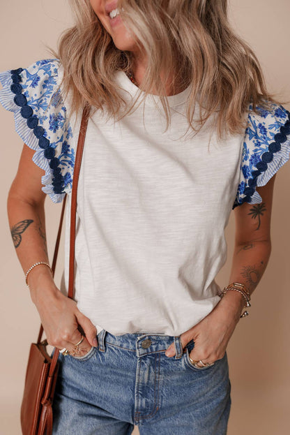 Ricrac Trim Printed Flutter Sleeve Contrast Patchwork Blouse