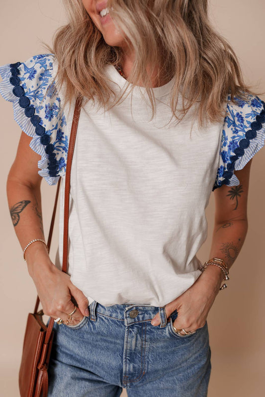 Ricrac Trim Printed Flutter Sleeve Contrast Patchwork Blouse