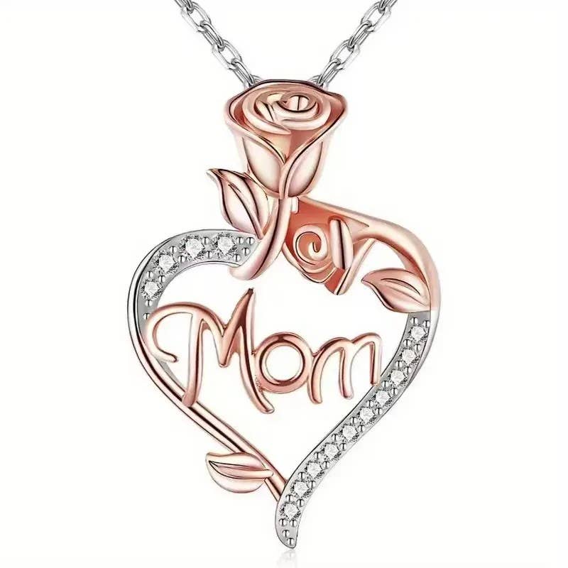 Mom Necklace Silver Rose Gold Heart Pendant Jewelry Gift