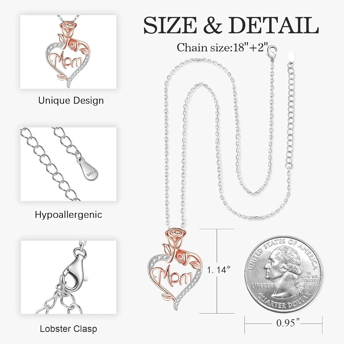Mom Necklace Silver Rose Gold Heart Pendant Jewelry Gift