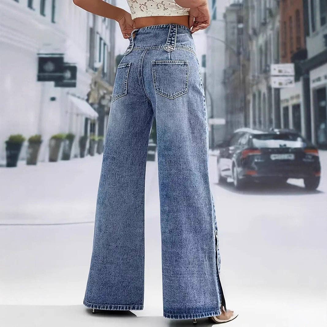 Women's High Wide Leg Jeans with Decorative Side Buttons: Blue / M