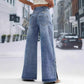 Women's High Wide Leg Jeans with Decorative Side Buttons: Blue / L