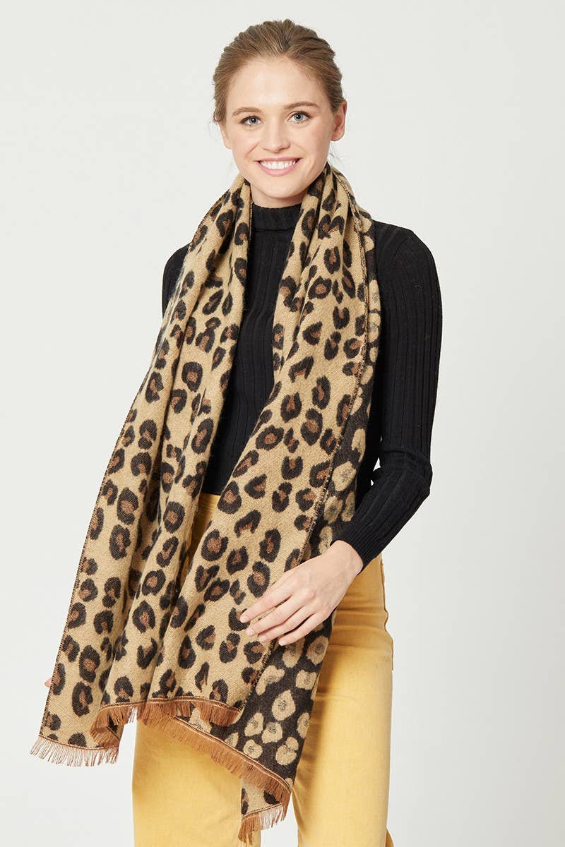 Leopard Pattern Reversible Cozy Scarf with Fringe
