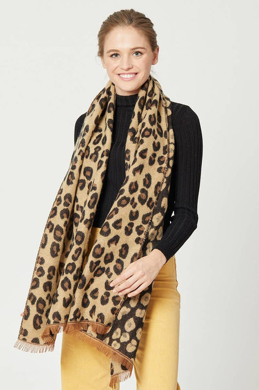 Leopard Pattern Reversible Cozy Scarf with Fringe