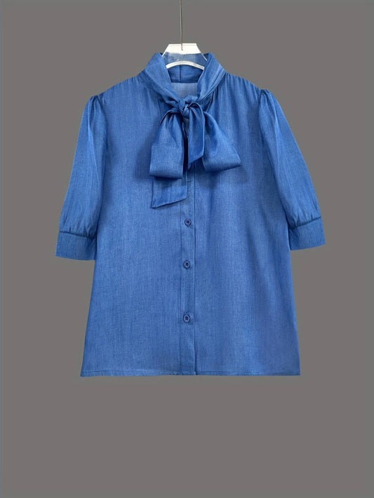 Tie-Neck Puff Sleeve Denim Blouse