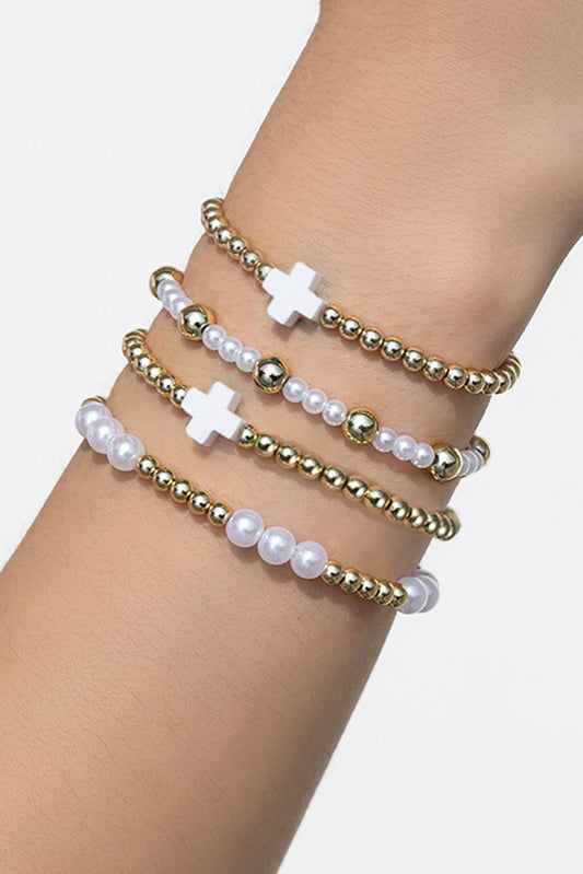 Cross Pearl Decor Beaded Elastic Bracelet